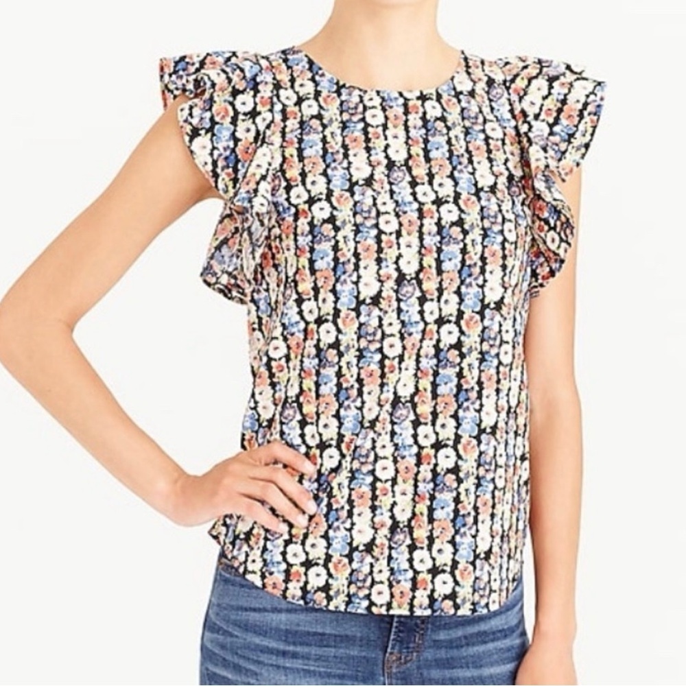 J Crew Mercantile Women's Floral Ruffle Sleeve Top Size 12‎ Black Multi